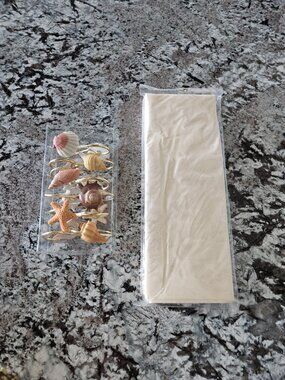 BRAND NEW SET OF RESIN SEASHELL SHOWER HOOKS & PALE PEACH PLASTIC SHOWER CURTAIN